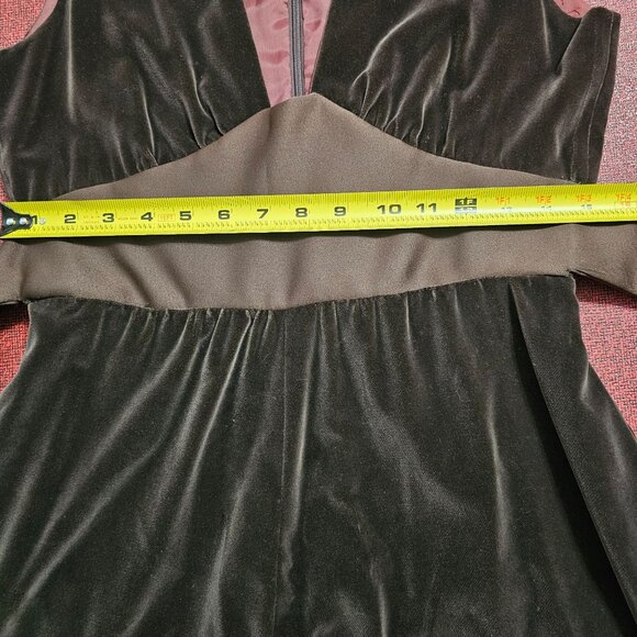 Vintage Brown Velvet Babydoll Maxi Dress 8 Plunge Neckline Sash Tie Hand Sewn - Picture 8 of 9
